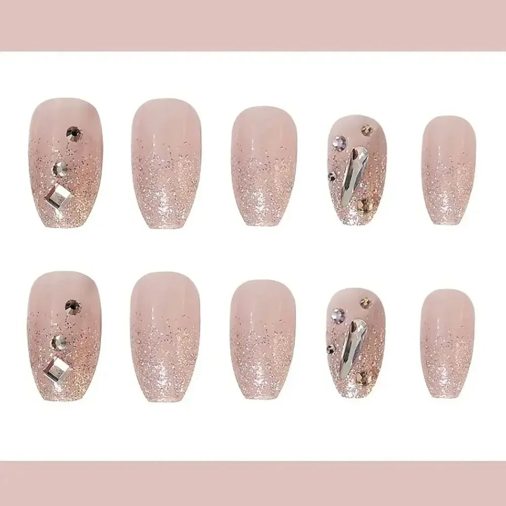 NWT PressOn Nails, Medium Square Glitter French False Nails With Artificial Gems